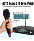 Wireless Microphone System Dual Metal Cordless Mics For Karaoke DJ Wedding Church And Party Huge 500ft Range Auto Scan Anti Interference Handheld Dynamic Mics For Sharp Clear Sound in use with hand holding mic near receiver.