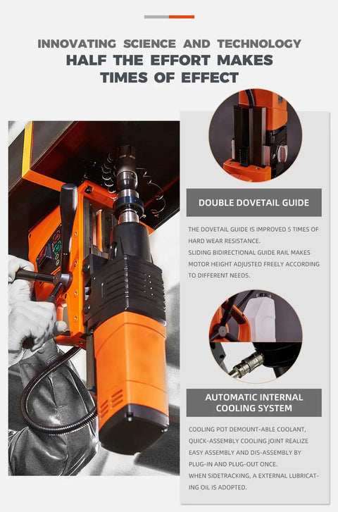 Heavy Duty Portable Magnetic Drill With Straight Up 2500W Power featuring double dovetail guide for adjustable height and cooling system.
