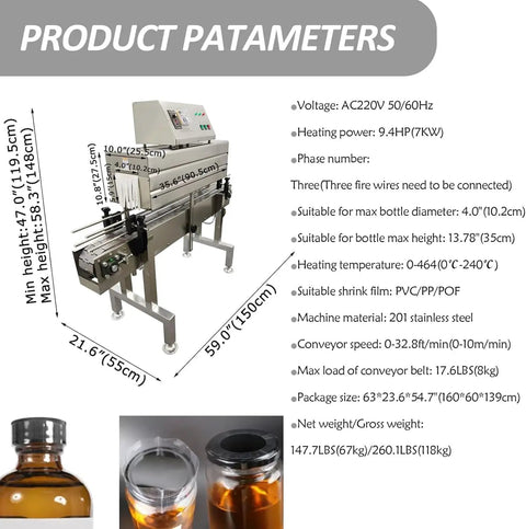 AOXHUGB Heat Shrink Tunnel Machine 4.0 Inch Diameter For Bottle Labeling PVC And POF Film with detailed specifications.
