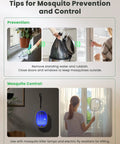 Image showing mosquito prevention tips with a garbage bag, window closing, and mosquito control with a Portable 2 In 1 Electric Fly Swatter Bug Zapper Racket With Purple Light Attractant Rechargeable 1800mAh Foldable 180 Degree Design Stand Or Packable For Indoor Backyard Patio And Camping.