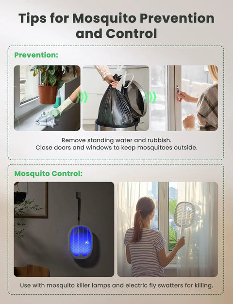 Image showing mosquito prevention tips with a garbage bag, window closing, and mosquito control with a Portable 2 In 1 Electric Fly Swatter Bug Zapper Racket With Purple Light Attractant Rechargeable 1800mAh Foldable 180 Degree Design Stand Or Packable For Indoor Backyard Patio And Camping.