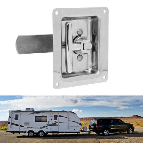 Foldable T Handle Latch Built Hella Tough For Truck Toolboxes And Camper Vans Rust resistant stainless steel latch for trailer access.