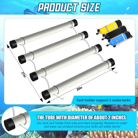 Scuba Tank Holder And Rack Gear Up For Up To Three Cylinders Durable PVC Plastic Dive Carrier To Keep Tanks From Rolling During Transport In Cars Trucks And Boats showing dimensions and design
