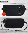 Hidden Travel Money Belt Wallet With RFID Blocking Slim Passport Holder Fanny Pack in black, showing dimensions and elastic belt.