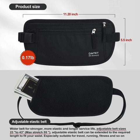 Hidden Travel Money Belt Wallet With RFID Blocking Slim Passport Holder Fanny Pack in black, showing dimensions and elastic belt.