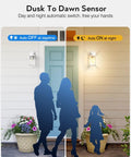 2 Pack Dusk To Dawn Outdoor Wall Lanterns Waterproof Aluminum Sconce Lights With Tempered Seeded Glass Built To Last No Fuss Weatherproof Garage Entryway Wall Mount Exterior Lighting Anti Rust Easy Install demonstrating day and night automatic sensor with silhouettes of a family.
