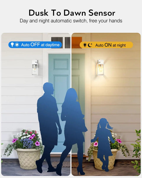 2 Pack Dusk To Dawn Outdoor Wall Lanterns Waterproof Aluminum Sconce Lights With Tempered Seeded Glass Built To Last No Fuss Weatherproof Garage Entryway Wall Mount Exterior Lighting Anti Rust Easy Install demonstrating day and night automatic sensor with silhouettes of a family.