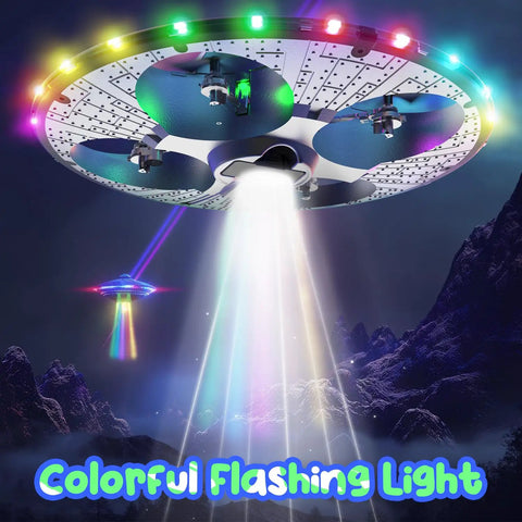 UFO Drone For Kids With Colorful LED Lights, Remote Control Helicopter With Auto Hover showcasing vivid light display in night sky