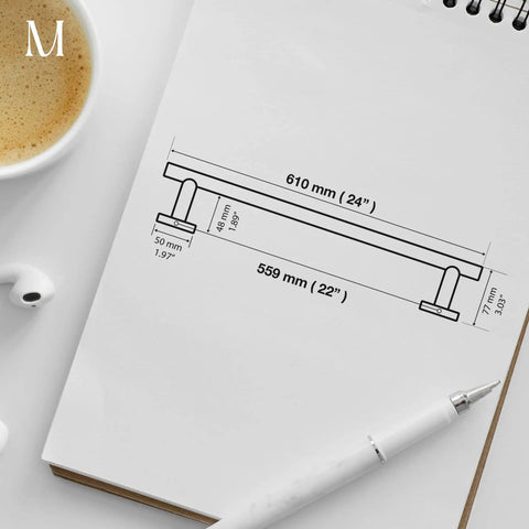 Design sketch of Matte Black 24 Inch Towel Bar Rack Heavy Duty Stainless Steel SUS 304 Wall Mounted with measurements on notepad