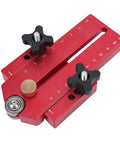 Thin Jig Table Saw Guide Pro Grade With Secure Lock Design for precise crosscuts and repeatable cuts, red aluminum with measurements.