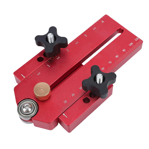 Thin Jig Table Saw Guide Pro Grade With Secure Lock Design for precise crosscuts and repeatable cuts, red aluminum with measurements.