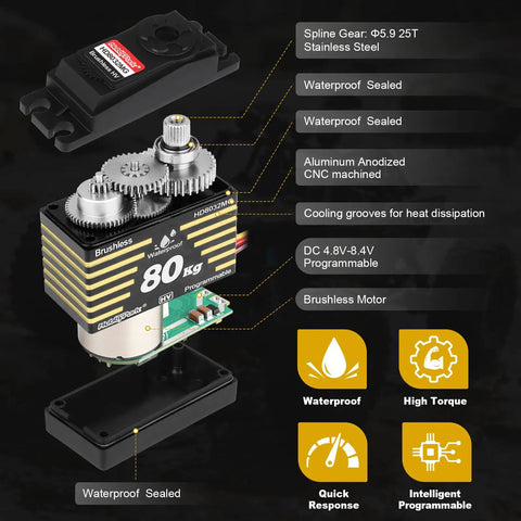 Beefy Waterproof 80kg Servo With Brushless Motor High Torque 1/8 1/10 RC Crawlers Stainless Steel Gears 180 Degree Programmable