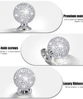 Six Pack White Sphere Drawer Knobs Featuring Dazzling Glass Rhinestones And A Sleek Premium Silver Finish To Level Up Your Kitchen Drawers And Bedroom Vanities close-up of a sparkling glass knob with deep-hole screws.