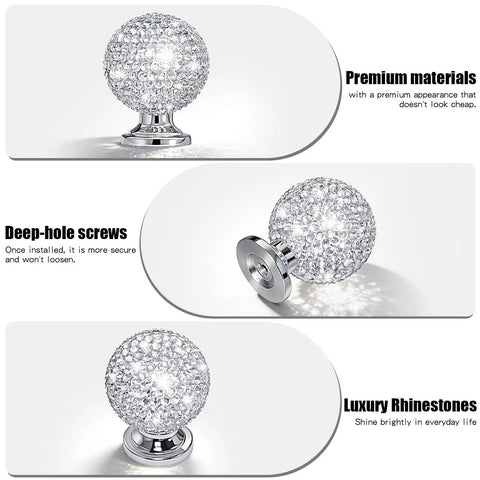 Six Pack White Sphere Drawer Knobs Featuring Dazzling Glass Rhinestones And A Sleek Premium Silver Finish To Level Up Your Kitchen Drawers And Bedroom Vanities close-up of a sparkling glass knob with deep-hole screws.