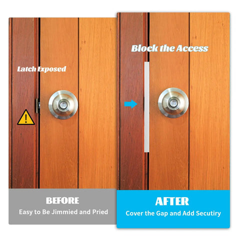 7-Inch Heavy-Duty Door Latch Guard Plates 2 Pack L-Shaped Security Striker Plate blocking latch access on wood door.