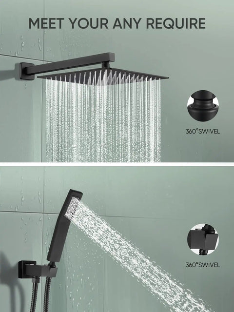 Matte Black 12-Inch Shower System With Handheld Spray Complete Faucet Set Includes Rough-In Valve Body and Trim Water-Saving High-Pressure Shower Fixtures For Dope Modern Bathrooms, featuring rainfall head and handheld spray.
