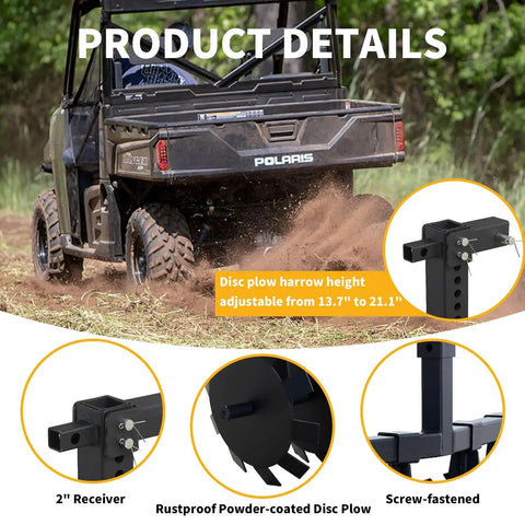 Product details of Beefy 34 Inch Disc Plow Harrow Heavy Duty With Adjustable Height and Wide Cut for ATV UTV Attachments.
