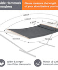 Diagram of Portable Two Person Tree Hammock With Hardwood Spreader Bar And Extra Large Pillow For Indoor Outdoor Use In Gray Heavy Duty Quilted Polyester Hammock dimensions.