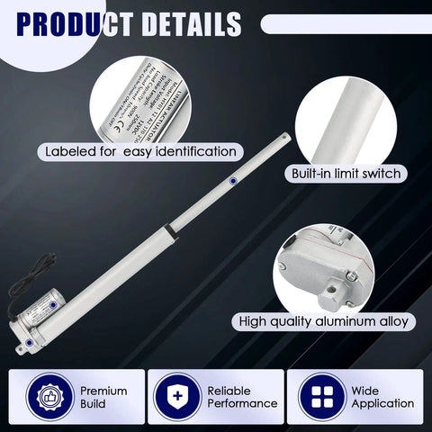 Heavy Duty DC 12V 10 Inch Stroke Linear Actuator With Mounting Bracket shown with details on build, switch, and material