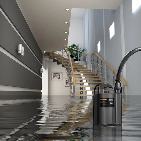 1/3 HP Brushless Submersible Sump Pump With Auto Thermal Protector And 2160 GPH At 35.5 ft Lift in flooded modern basement