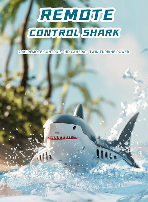 Lit Remote Control Shark Boat With HD Camera Water Sprayer Dual Motors racing in the water with realistic shark design.