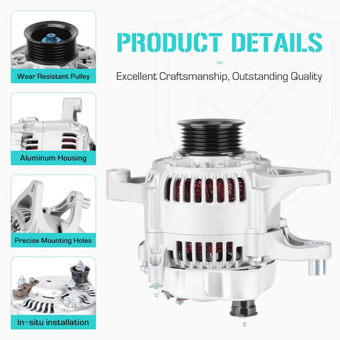 13341 Heavy Duty Alternator Replacement For Jeep Cherokee Grand Cherokee Wrangler Dodge Dakota Comanche TJ Series 1991-1998 With 2.5L And 4.0L Engines, featuring aluminum housing and wear-resistant pulley.