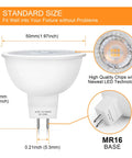 12 Pack MR16 LED Spotlight Bulbs Featuring GU5.3 Bi Pin Base 5 Watt 12 Volt Low Voltage Output 2700K Cozy Warm White Light No Fuss Halogen Replacement Total Breeze To Install Fits Recessed Track And Cabinetry Smooth Upgrade with size dimensions.