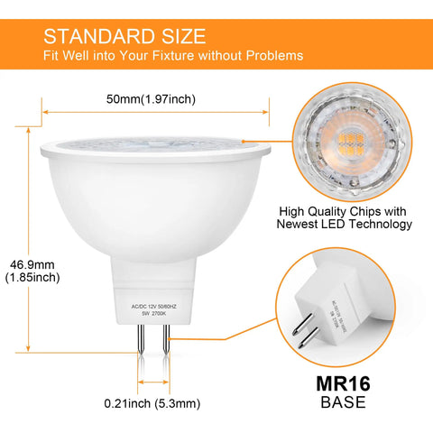 12 Pack MR16 LED Spotlight Bulbs Featuring GU5.3 Bi Pin Base 5 Watt 12 Volt Low Voltage Output 2700K Cozy Warm White Light No Fuss Halogen Replacement Total Breeze To Install Fits Recessed Track And Cabinetry Smooth Upgrade with size dimensions.