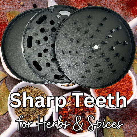 4-inch metal herb and spice grinder with three layers, sharp metal teeth, zinc construction, low-profile 1-inch tall