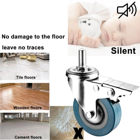 Top Notch Silent Swivel Caster Wheels With Bulletproof Locking Brake on tile, wooden, and cement floors demonstrating zero grind rolling.