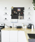 Pegboard Wall Organizer Kit With Shelf And Hooks No Drill No Mess Easy Install For Garage Kitchen Living Room Bathroom Office White 33x22 Inches Featuring 11x11 Inch Panels Durable Construction For Heavy Use And Easy Mounting To Any Wall in a kitchen setting.