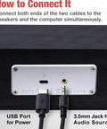 Back panel of Vintage Wooden Mini PC Sound Bar With 3.5mm Aux, USB Powered Desktop Speakers showing USB and 3.5mm ports.