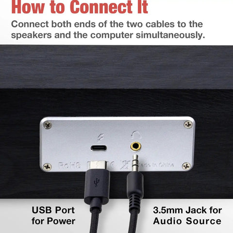 Back panel of Vintage Wooden Mini PC Sound Bar With 3.5mm Aux, USB Powered Desktop Speakers showing USB and 3.5mm ports.