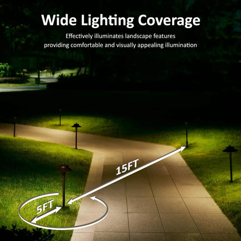 Wide lighting coverage of Low Voltage Landscape Lighting Kit 12V LED Pathway Lights With Five Color Options 5W Per Light Bronze Finish