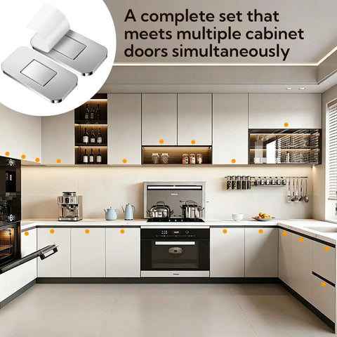 Modern kitchen with Ultra Thin Magnetic Cabinet Door Magnets 20 Pack With Double Sided Tape installed on various cabinets.