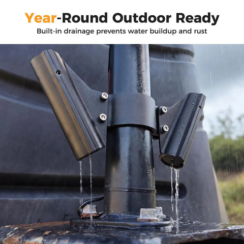 Dual Flag Pole Mount For Trailer Jack Fits Two Inch And Two And Quarter Inch Poles shown with water drainage feature