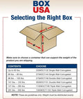 Image detailing box selection guidelines based on weight capacity for corrugated shipping boxes, focusing on material and type.