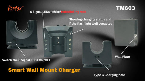 Smart wall mount charger for Emergency LED Wall Mount Flashlight TM603 1000 Lumen High Power Tactical Light with charging indicators