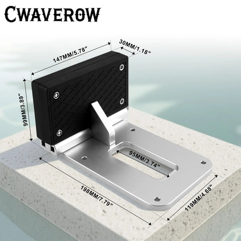 Universal Kayak Trolling Motor Mount for Flat Stern Kayaks Or Boats Transom Bracket Fits Electric Trolling Motors Up to 3HP Heavy Duty Corrosion Resistant Stainless Steel Easy Clamp On Install side view on concrete surface