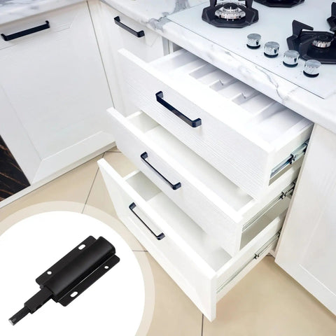 Press To Open Cabinet Latch Kit 10 Pcs Aluminum Alloy Cabinet Catch For Drawers And Doors Black And Gold Finishes Adhesive Mount