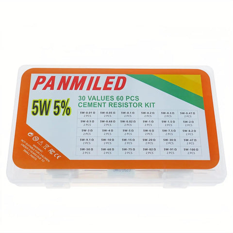 60 Piece Cement Resistor Kit 5W Ceramic Power Resistors 0.01 Ohm To 100 Ohm With 5 Percent Tolerance in clear plastic box