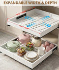 Two Pack Slide Out Cabinet Organizers With Adjustable Width And Depth For Kitchen Storage Smooth Glide Heavy Duty Drawer Pulls Zero Drama Maximize Your Space Straight Up, showing expandable tray with kitchen items.
