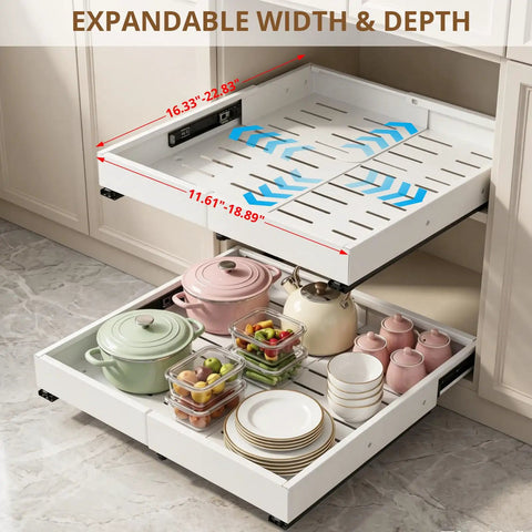 Two Pack Slide Out Cabinet Organizers With Adjustable Width And Depth For Kitchen Storage Smooth Glide Heavy Duty Drawer Pulls Zero Drama Maximize Your Space Straight Up, showing expandable tray with kitchen items.