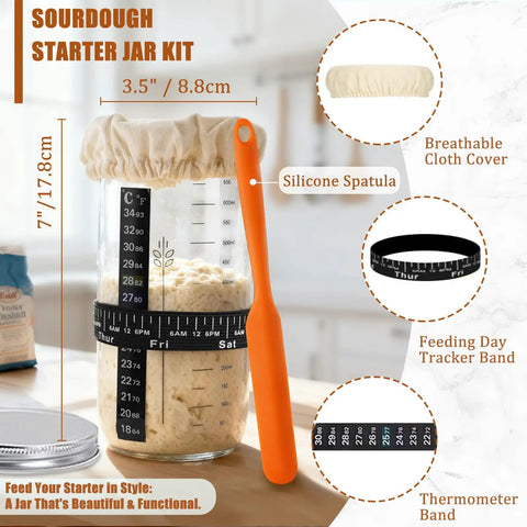 All In One Sourdough Starter Kit With Banneton Baskets And Glass Jar For Home Bakers; glass jar with measurements and spatula