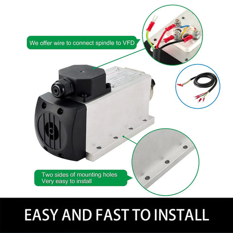Beefy 220V 1.5KW Square Air Cooled CNC Spindle Motor With ER16 6mm Collet four bearing details and mounting features