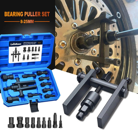 10 Piece Motorcycle Blind Bearing Puller Kit With Inner Bearing Extractor Collets 8mm To 25mm shown with carry case and bearings