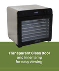 Top Shelf Eight Tray Stainless Steel Food Dehydrator Running Smooth With Digital Timer And Adjustable Temp Control Made For Killer Jerky Dried Fruits Veggies Fresh Herbs Dog Biscuits 650W Bpa Free with transparent glass door.
