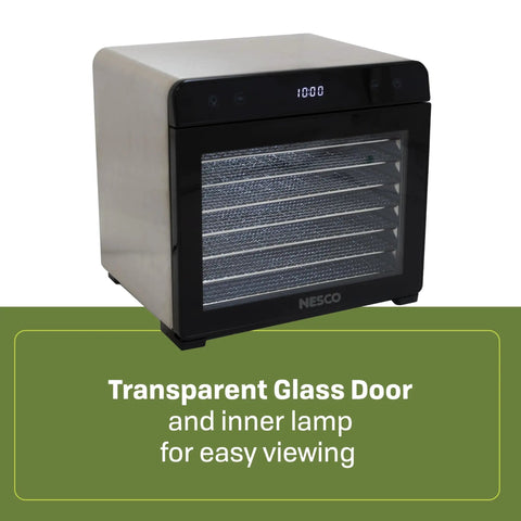 Top Shelf Eight Tray Stainless Steel Food Dehydrator Running Smooth With Digital Timer And Adjustable Temp Control Made For Killer Jerky Dried Fruits Veggies Fresh Herbs Dog Biscuits 650W Bpa Free with transparent glass door.