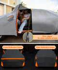 Subaru Crosstrek 2014-2026 All Weather Waterproof Full Car Cover With Custom Fit Outdoor Windproof Design Door Zipper Cotton Lining UV Sun Rain Dust Snow Protection Gray showing side door zipper and reflective strips.