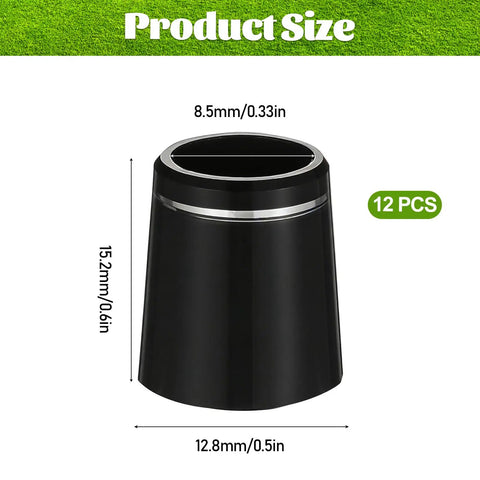 Close-up of single black golf ferrule with silver ring, showing product dimensions, from 12 Pack Black Golf Ferrules For Irons 0.355 Inch Ferrule Tips With Silver Ring Sleeve Adapter Durable Plastic Shaft Ferrule Set Easy Install Universal Fit For All Iron Shafts And Clubs